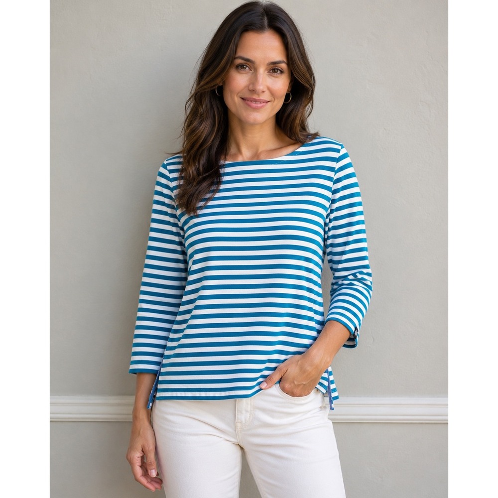 LANDS' END Striped Pima Cotton Boat Neck Top Women L Blue White Nautical Preppy